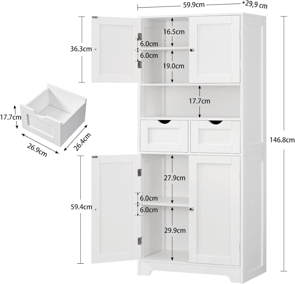 Mobile alto da bagno con 2 ripiani aperti, 2 cassetto, credenza multiuso, 60 x 30 x 147 cm, bianco