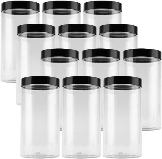Contenitori di Stoccaggio 12 pezzi 1000 ml - Potti in Plastica - Contenitori Visibili - Apertura Larga - Contenitori per Cibo - Coperchi Neri - Contenitori di Stoccaggio