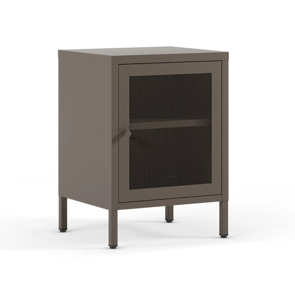 Comodino Fayna in metallo mocha con anta reticolata 40x35x60H – Design industriale