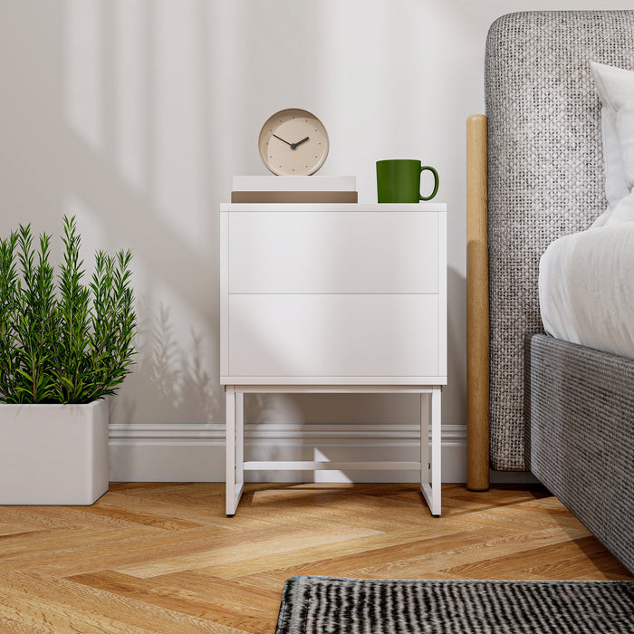 Comodino Moderno a 2 Cassetti con Apertura a Pressione 40x30x50 cm in MDF e Acciaio Bianco