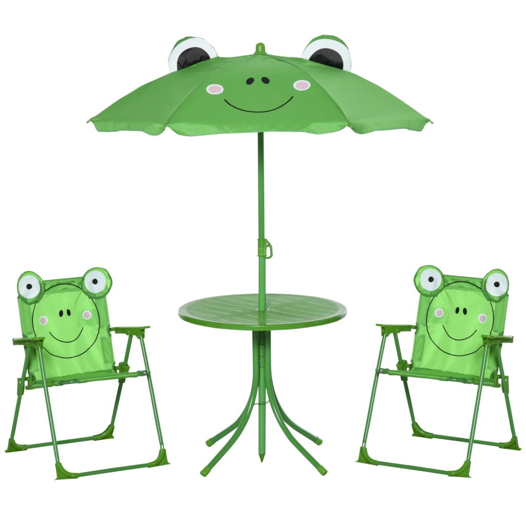 Set Tavolino e 2 Sedie Pieghevoli da Giardino per Bambini con Ombrello Verde Rana