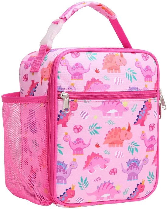 Borsa Isolante per Picnic per Bambini - Grande Borsa Isolante per Bambini con Contenitore per Biberon, Scatola di Pranzo Impraticabile e Borsa di Gel per Acqua, Piccola per Picnic e Scuola, Dinosauri Rosa