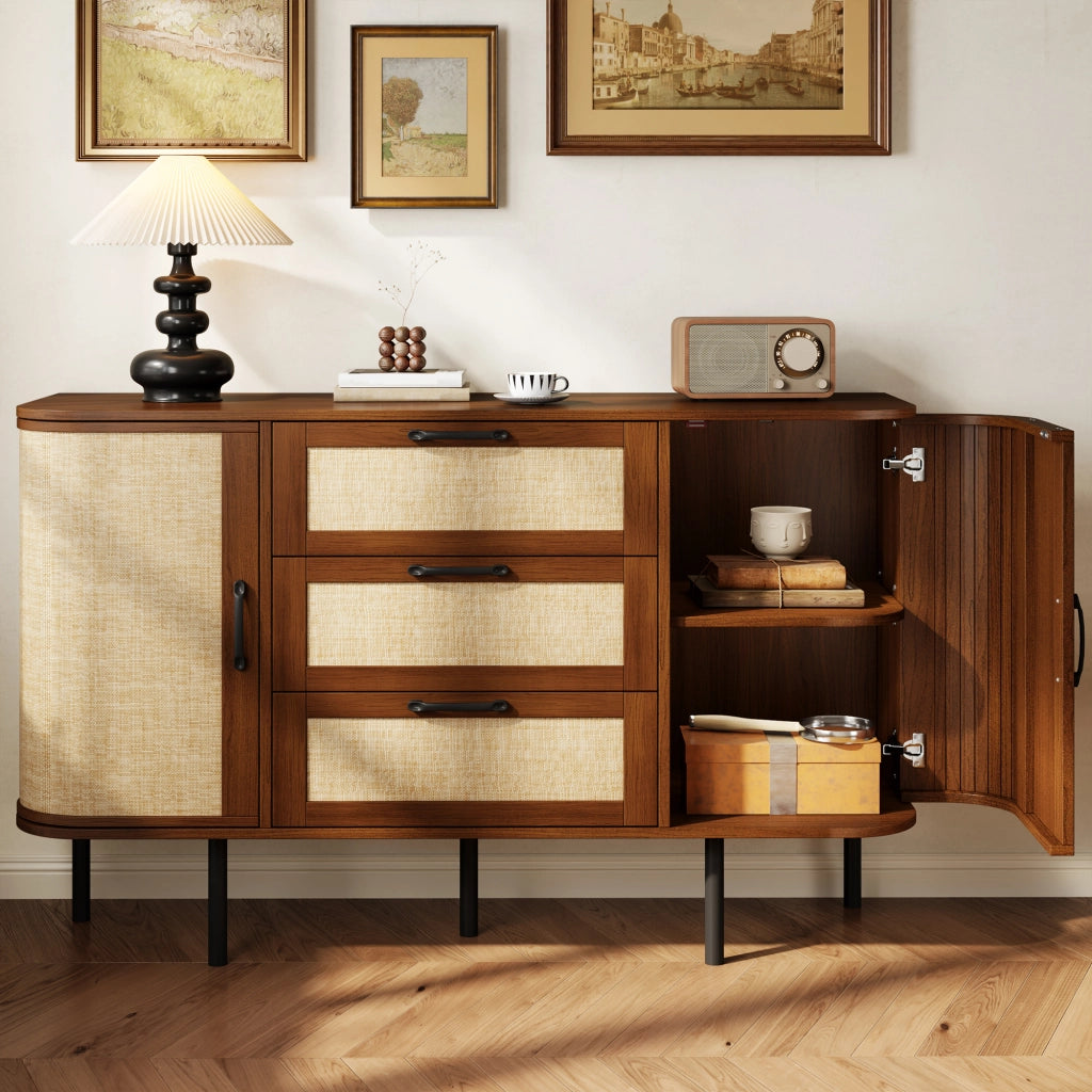 Credenza in MDF effetto noce 120x40x82 cm con 2 ante; 3 cassetti e ripiani regolabili