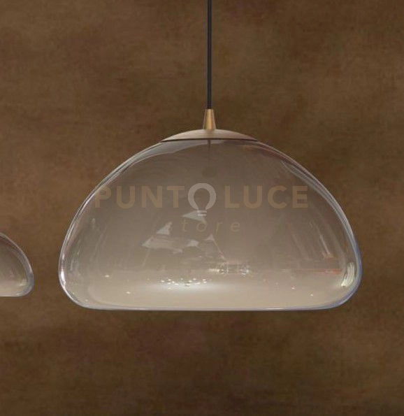 LUXOR-T Sospensione 1 luce in vetro tortora con particolare in ottone spazzolato e cavo nero in tessuto regolabile lungo 400cm Attacco E27