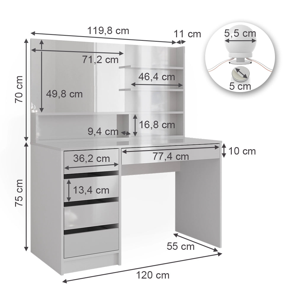 Vicco Tavolo da toeletta Bianco 120 cm con illuminazione a LED e ripiano a specchio