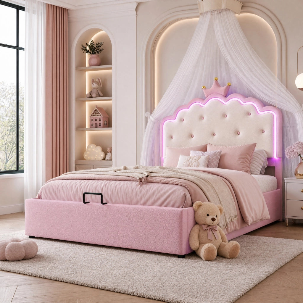 LETTO Imbottito 140x200 cm in PU Rosa con illuminazione LED e contenitore idraulico