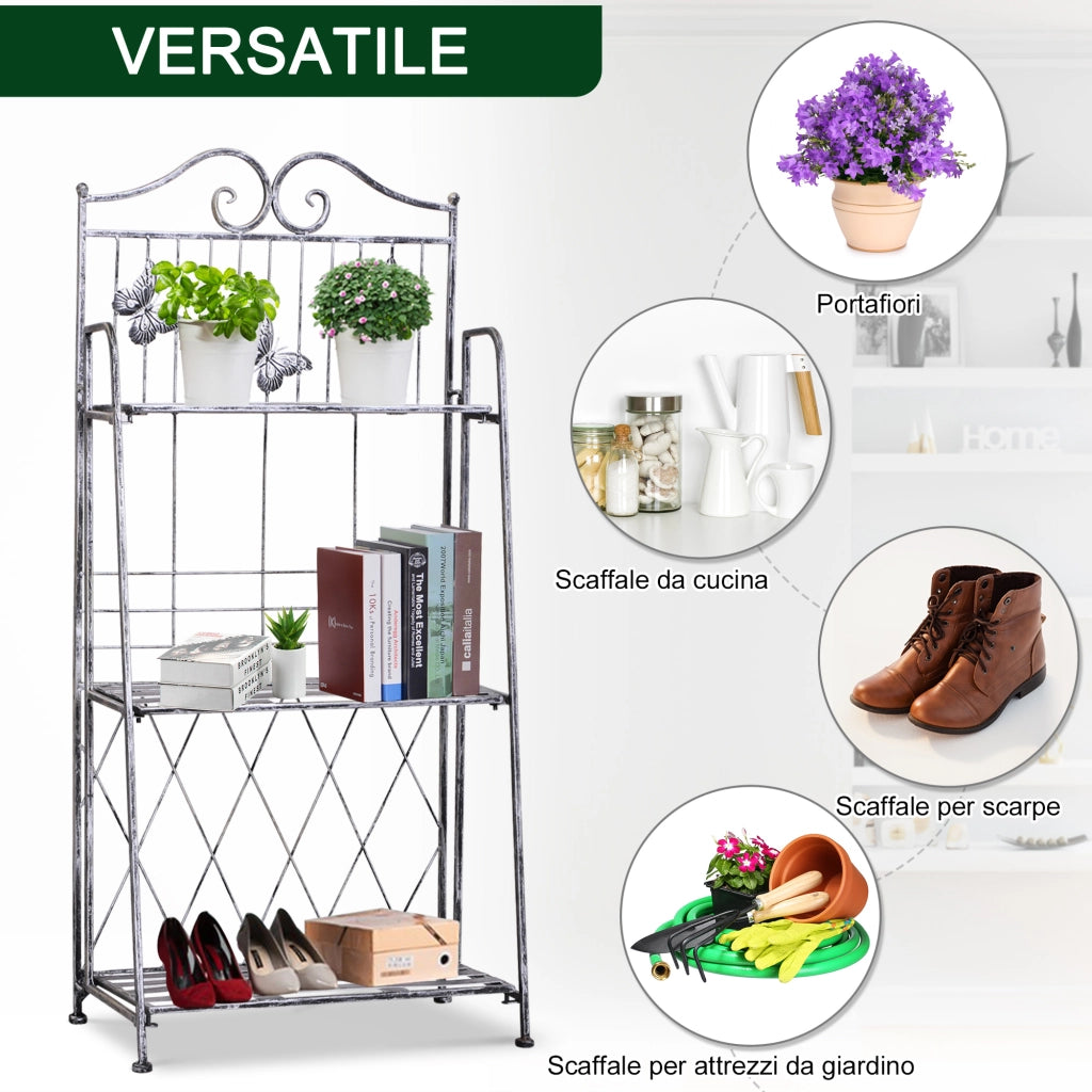 Scaffale Fioriera 3 Ripiani Pieghevole da Giardino Balcone Argento