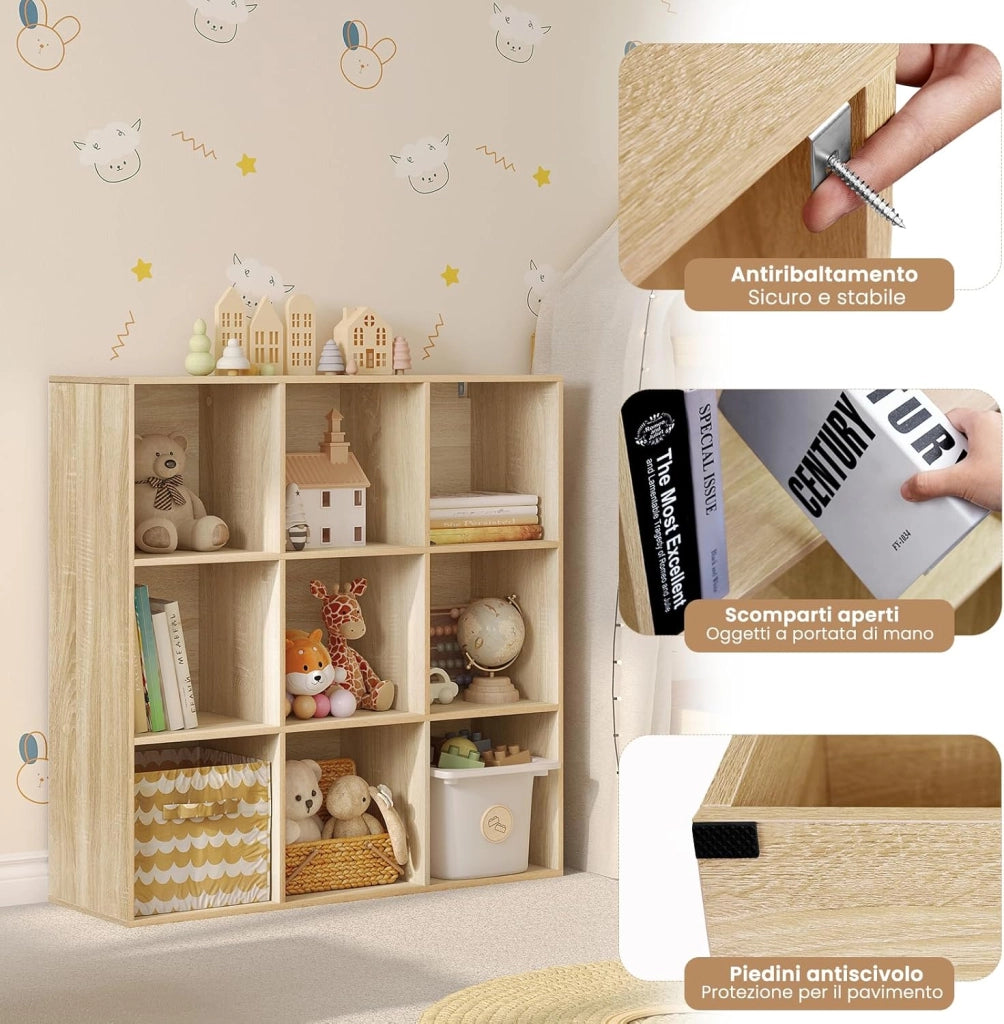 Libreria con 9 Scomparti, Libreria a Giorno, Scaffale a Cubo, Scaffale Divisorio in Piedi, per Ufficio, Soggiorno, Camera da Letto, 94x29,5x93 cm, Rovere Chiaro, SK048hei