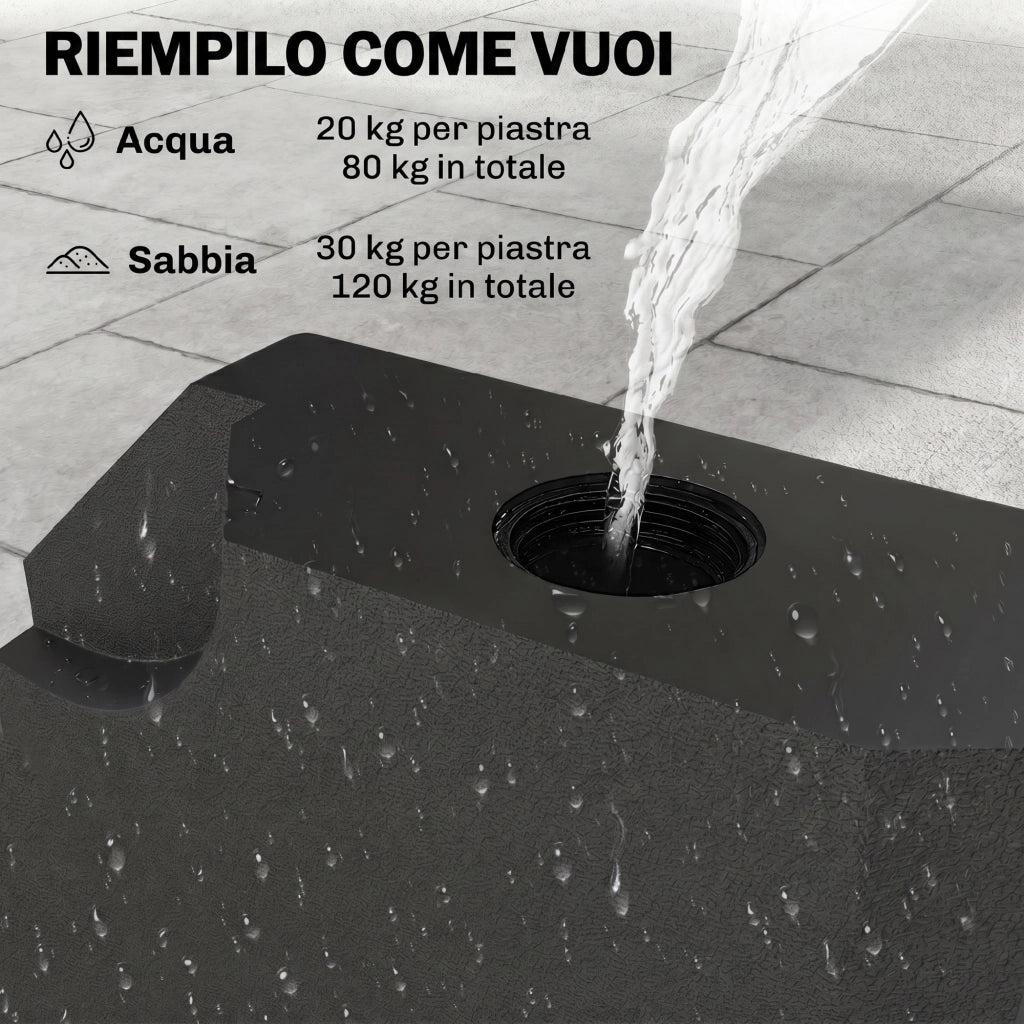 Base per Ombrellone a Braccio da 4 Pezzi Riempibile con Acqua o Sabbia per Basi a Croce da 100x100cm, Nero