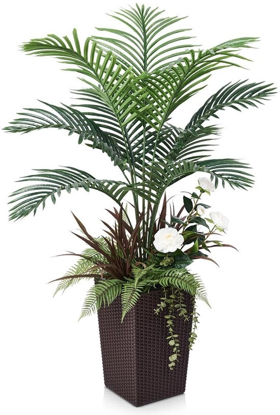 Palmiera Artificiale Grande 120 cm Pianta Artificiale – Pianta Tropicale con 5 Tipi di Pianta in Cassetta di Terracotta, Resistente ai Raggi UV & Realistica – Palmiera Decorativa per Salotto, Terrazzo, Ufficio, Giardino
