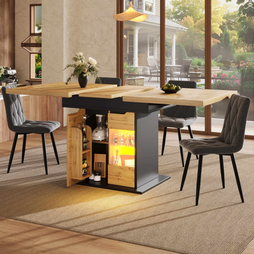 Tavolo da pranzo estensibile 110-140x80x76 cm con illuminazione LED e portaoggetti in MDF e vetro nero naturale