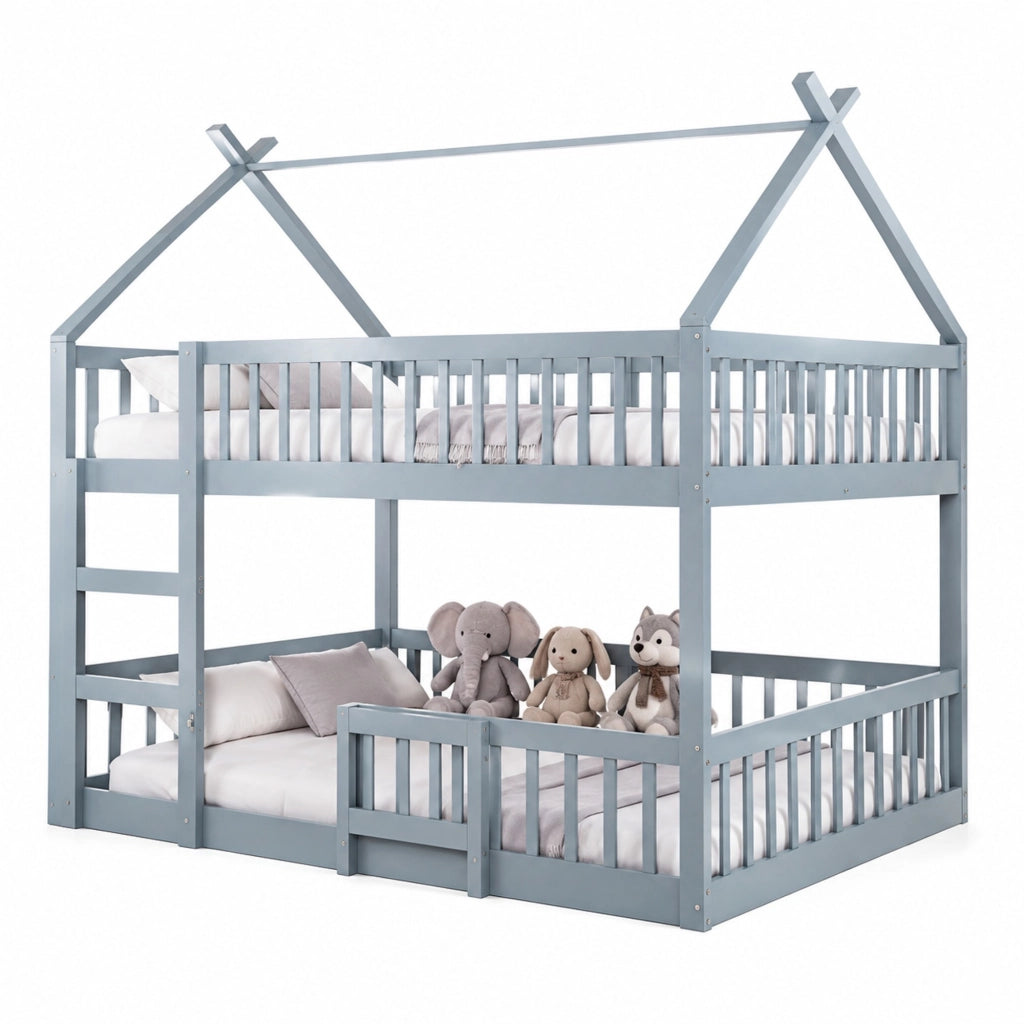Letto a castello 140 × 200 cm a due livelli con scala integrata in legno grigio