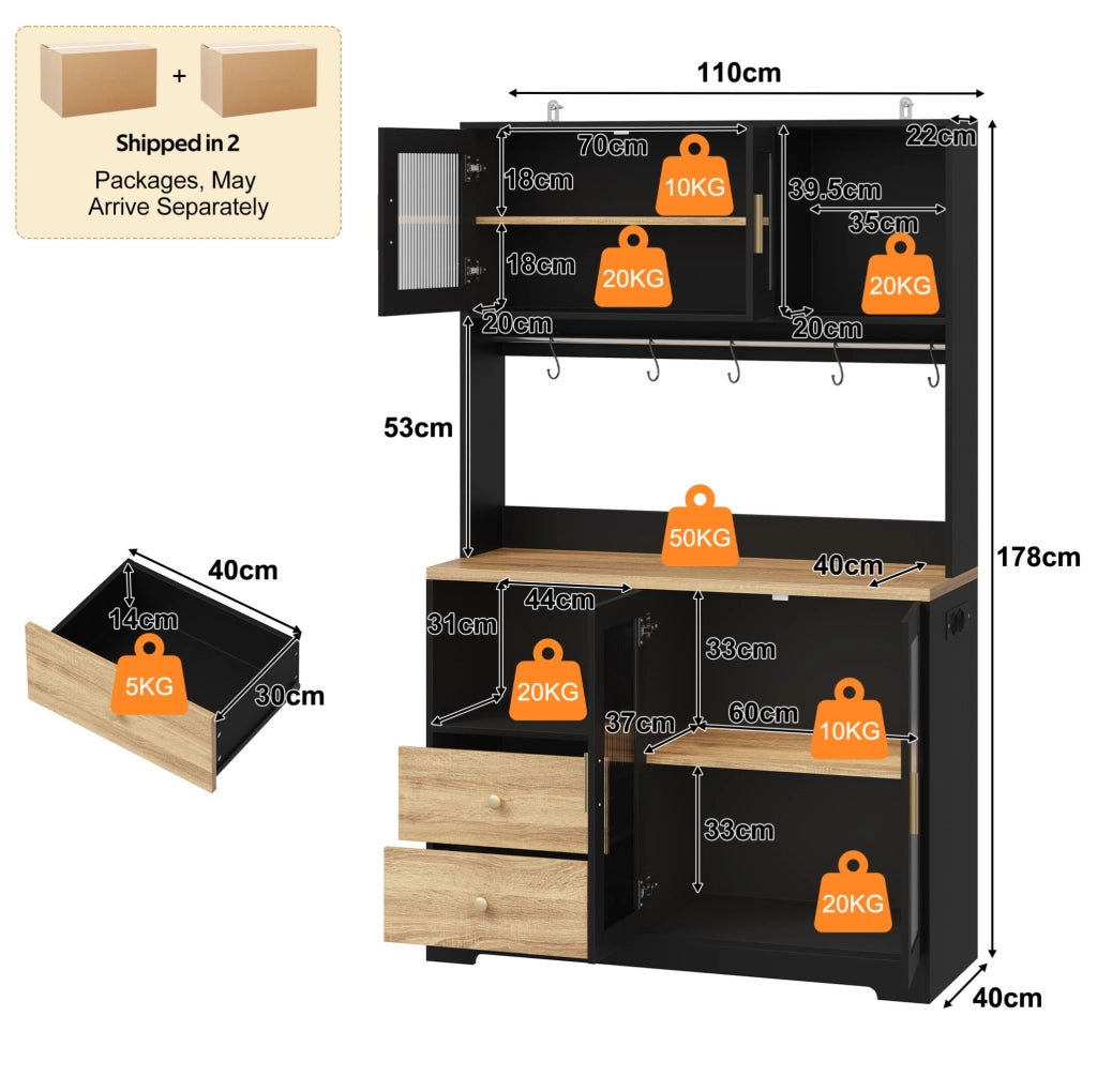 Credenza alta da cucina LED con prese USB; 110x40x178 cm; MDF; nera