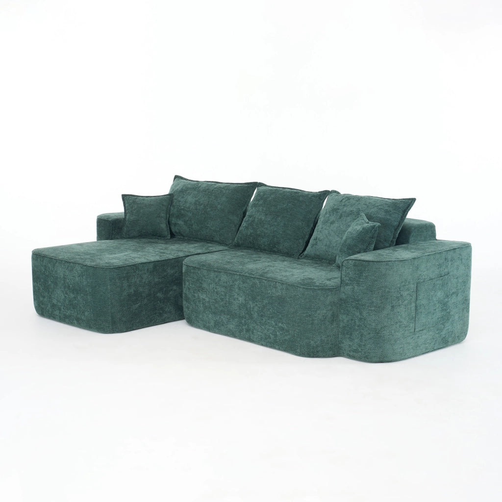 Divano angolare modulare con chaise longue, senza montaggio, tasche laterali, in Ciniglia Verde 262 × 144 × 65 cm