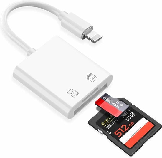 Lettore di schede con connessione Lightning - Adatto per iPhone e iPad - Scheda SD e Micro SD - Inserisci e gioca - Nessun'app necessaria!