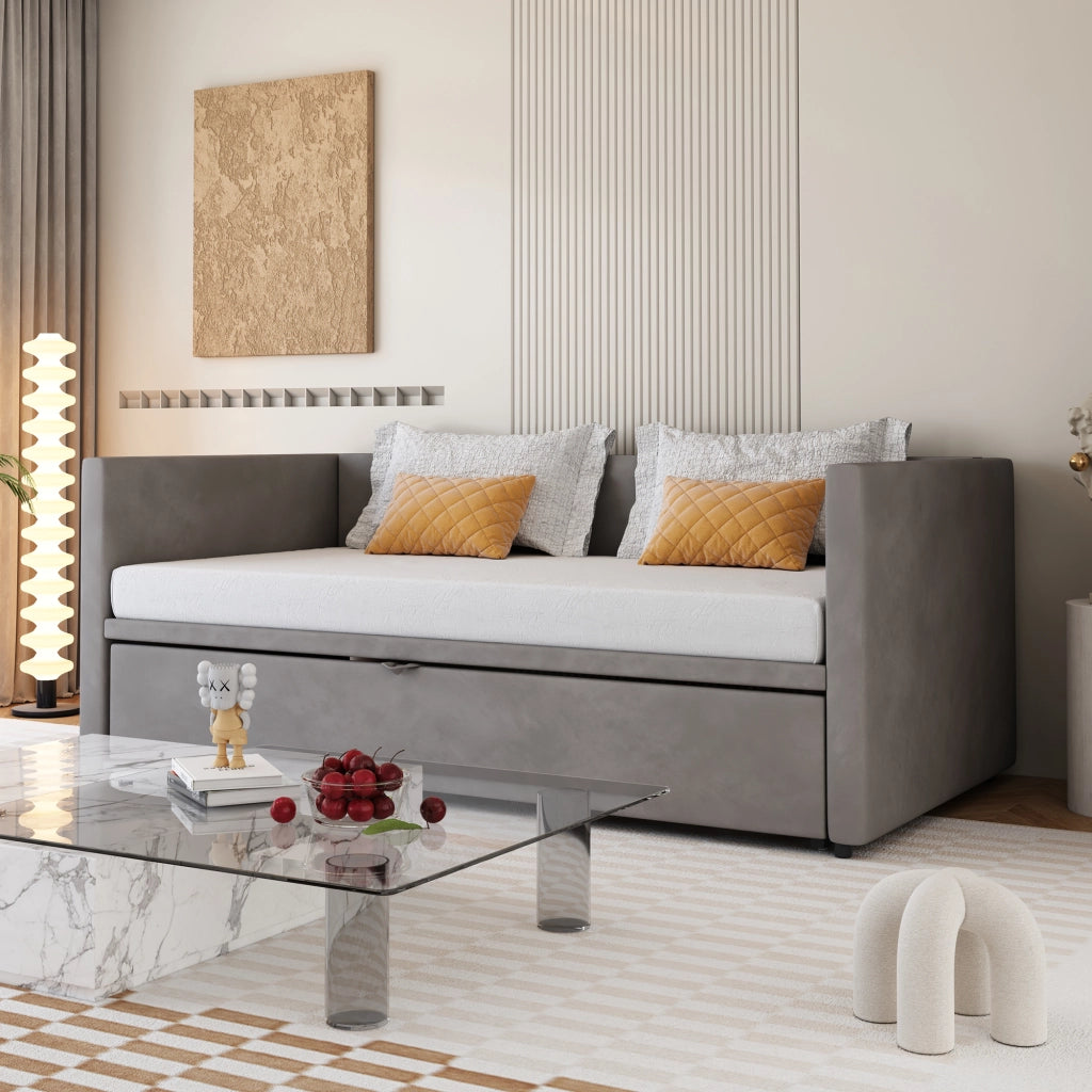 Letto divano estraibile in velluto grigio 180x200 cm