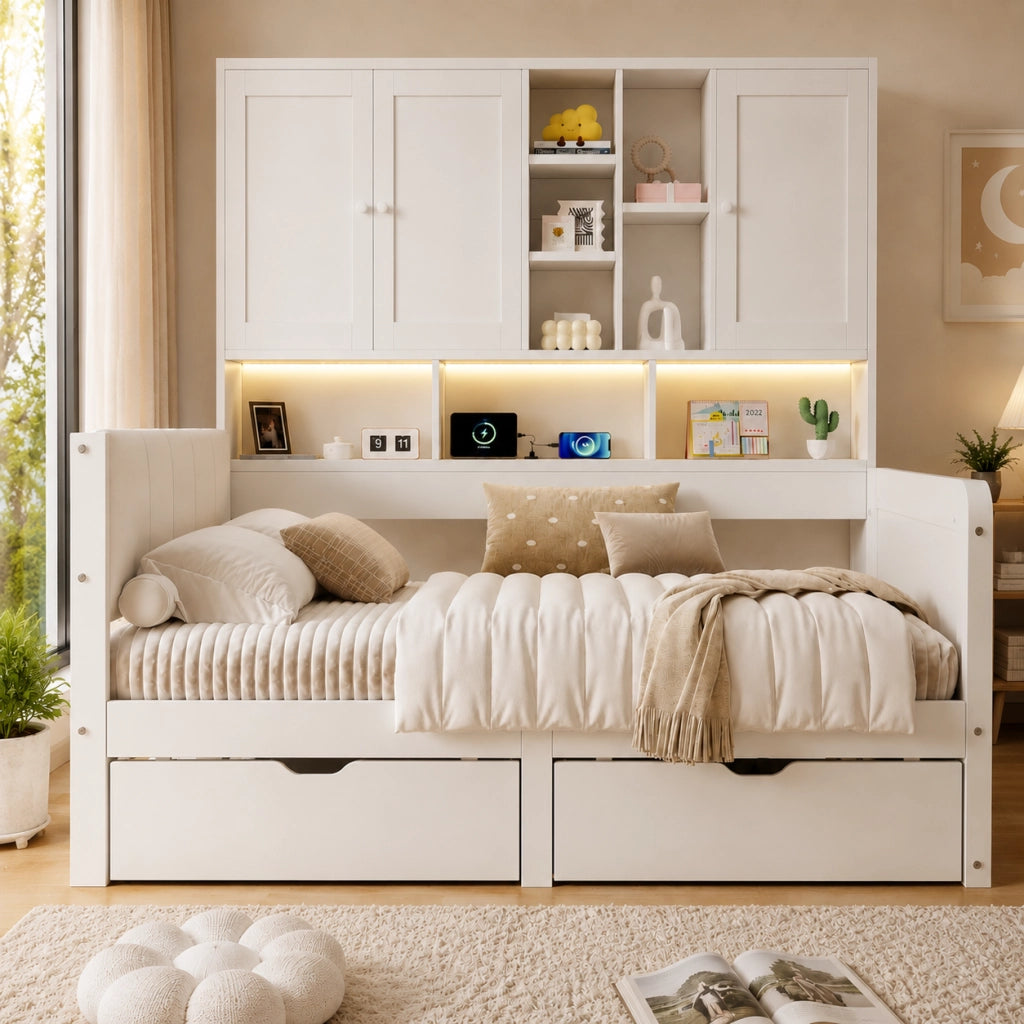 Letto singolo 90x200 con contenitore, LED, USB/USB-C e scaffali laterali in MDF bianco