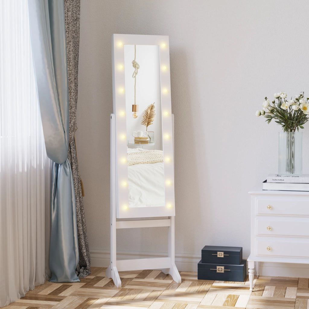 Armadietto Portagioie con Specchio Regolabile e Luci LED Bianco Caldo, 36x30x136 cm