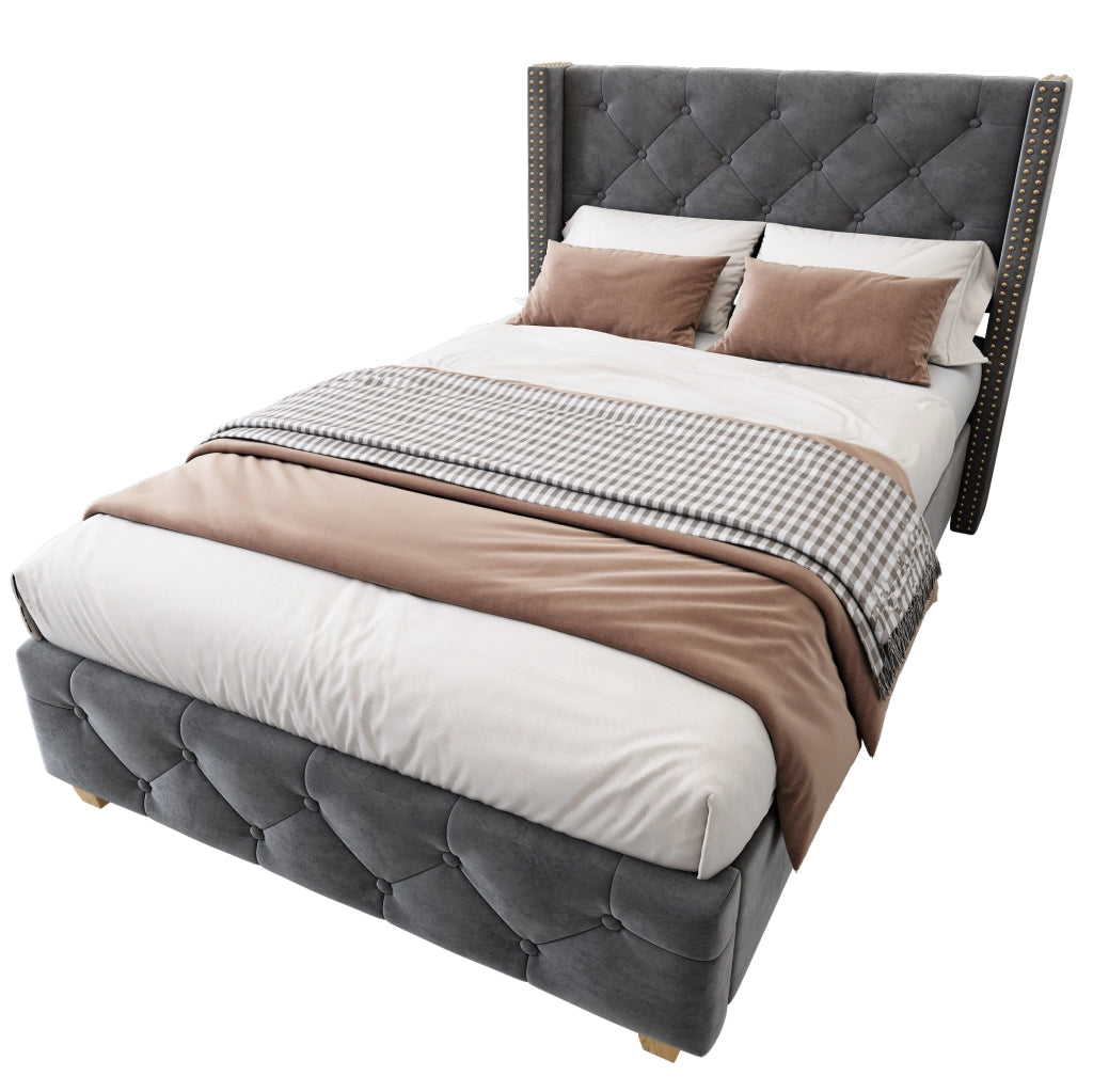 LETTO imbottito 90x200 cm in velluto grigio con rete a doghe