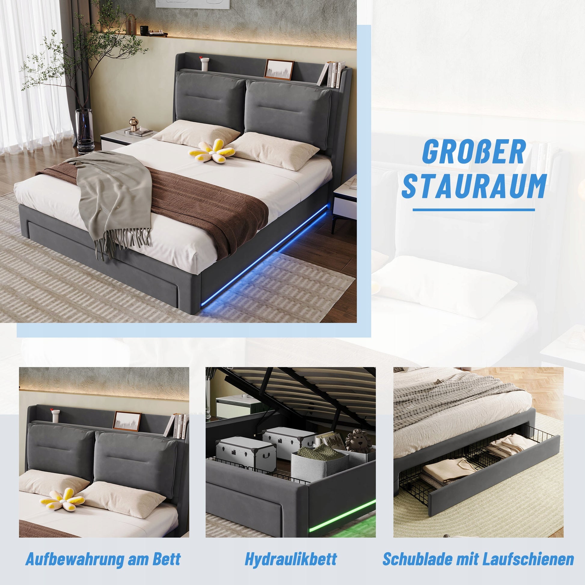 Letto imbottito 160x200 LED - Xylo - Grigio velluto