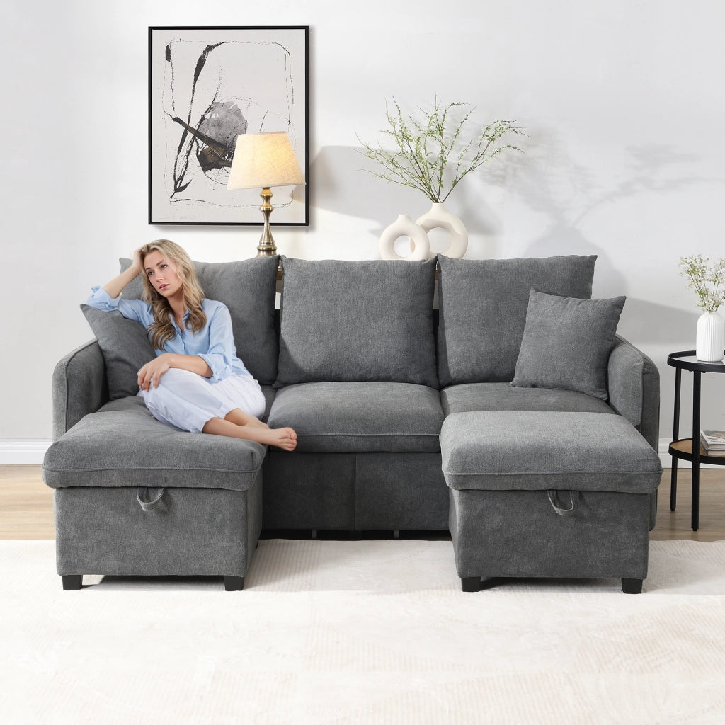 Divano angolare multifunzionale - Zephmum- Forma U, 3 posti, imbottito, con contenitore, divano letto, rivestimento in chenille