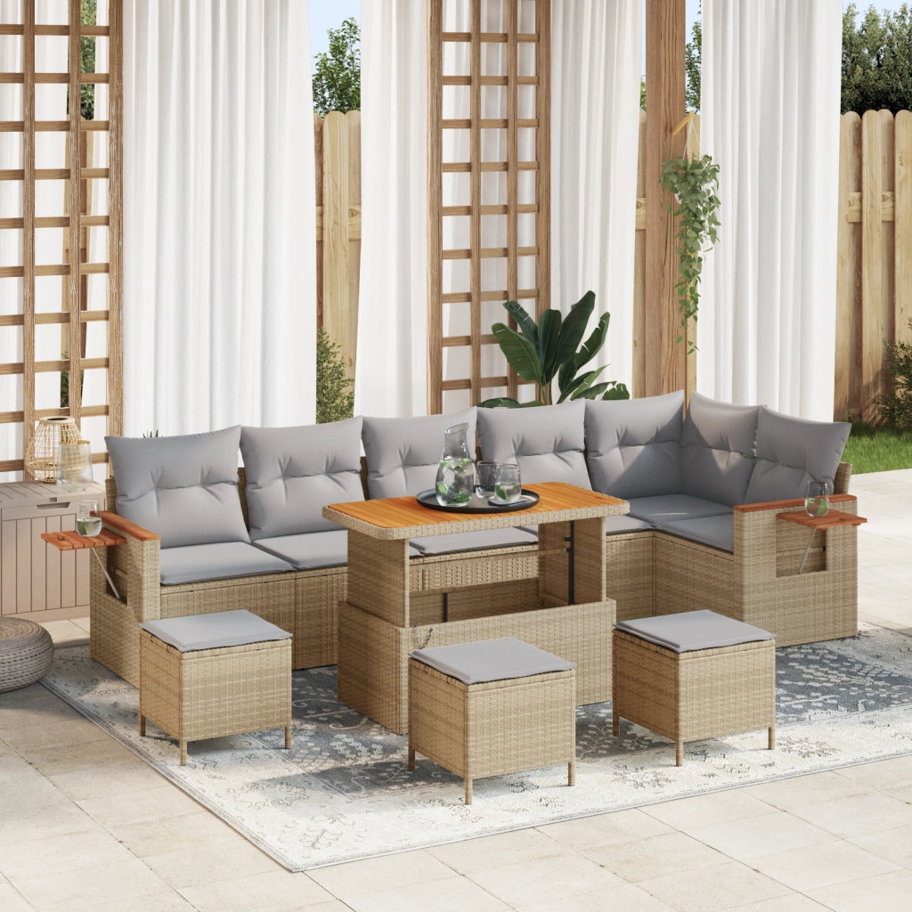 Set di divani da giardino  10 pezzi con cuscini beige in polyrattan acacia