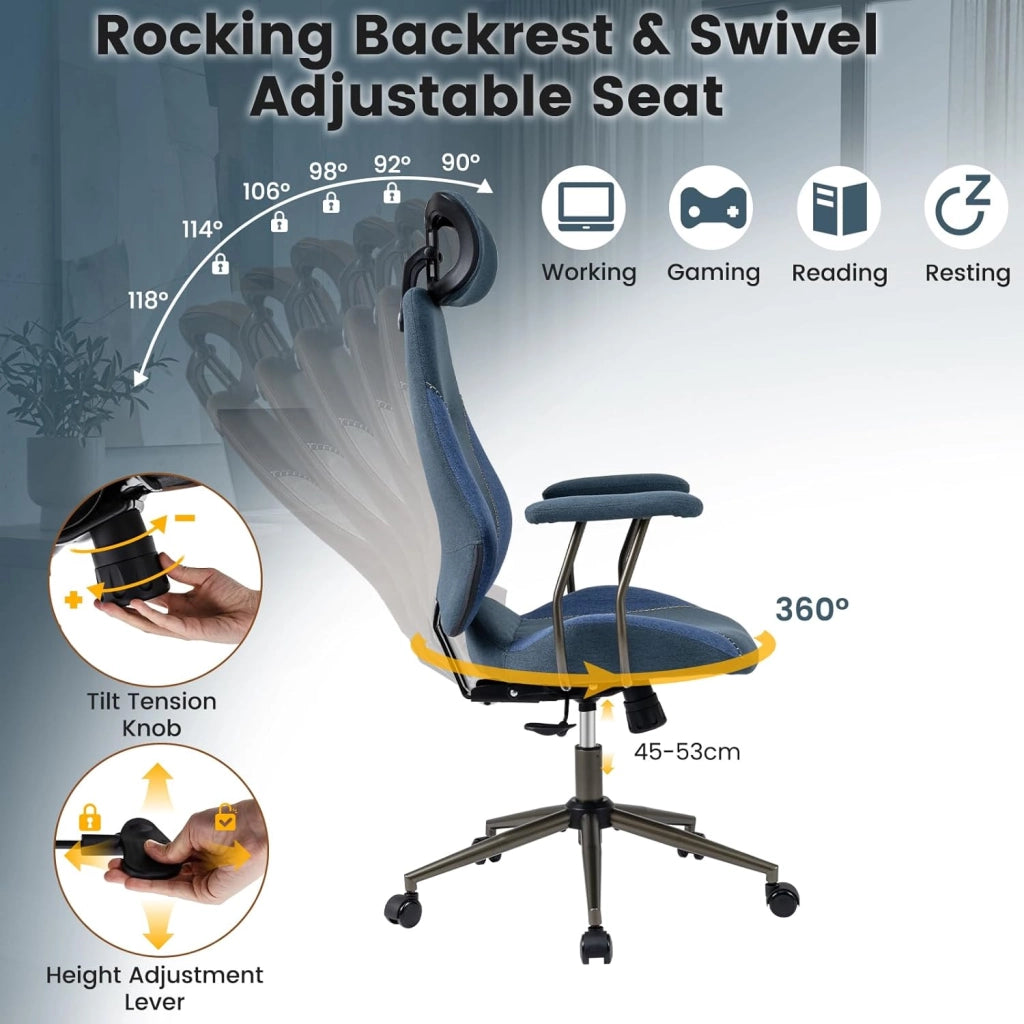 Sedia da ufficio ergonomica, sedia da scrivania girevole con poggiatesta, bracciolo, schienale inclinabile e seduta curva, rivestita in pelle scamosciata, altezza regolabile, carico 150 kg