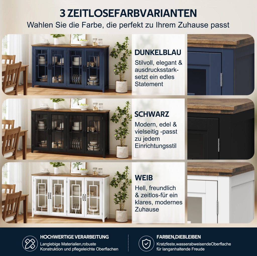 Credenza da cucina 160x40x86 cm in MDF blu con ante in vetro e piano effetto legno