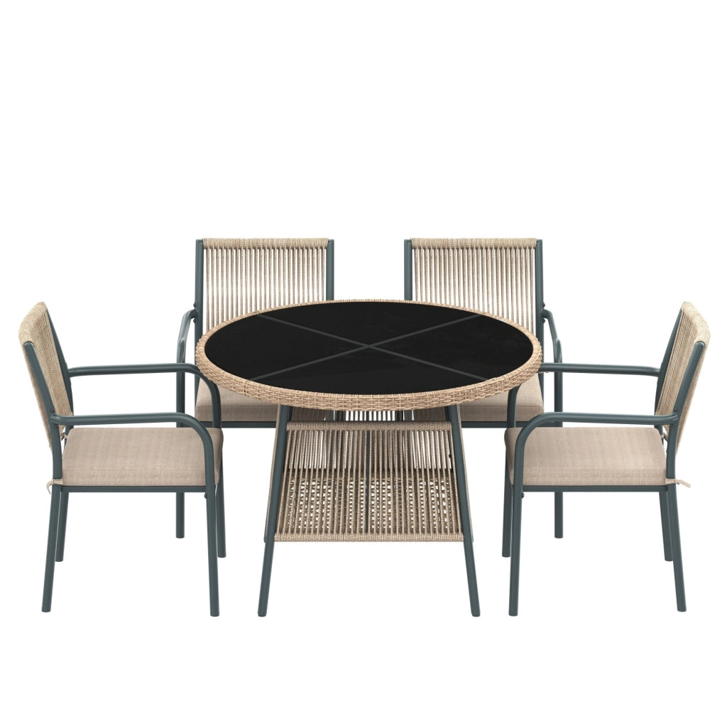 Set da giardino 5 pezzi con tavolo rotondo in vetro temperato e sedie in ferro; grigio