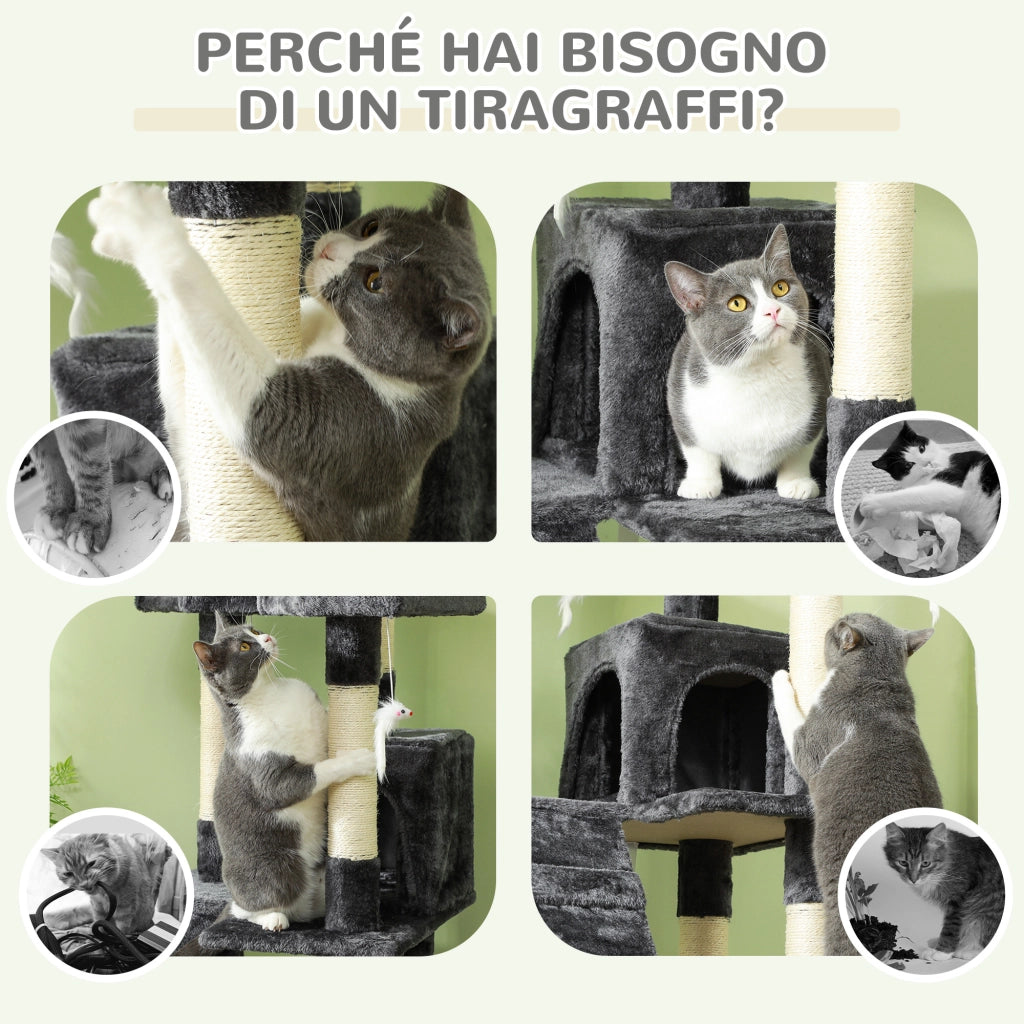 Albero Tiragraffi per Gatti con 3 Posatoi, 2 Casette e Giochi Appesi, in Legno e Peluche, 49x49x173 cm, Grigio