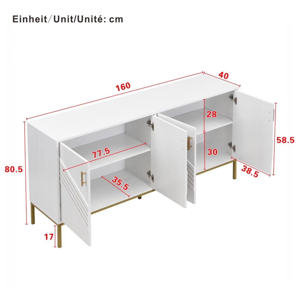 Sideboard moderno bianco e oro in MDF con 4 porte, ripiani regolabili, per soggiorno e corridoio