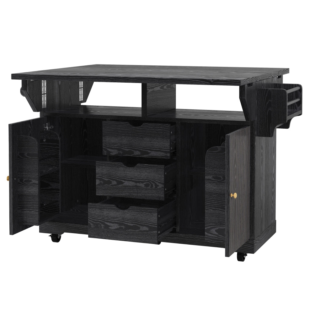 Carrello da cucina con 3 cassetti e ripiani regolabili; 2 allunghe pieghevoli; per cucina e sala da pranzo; in MDF e metallo; nero