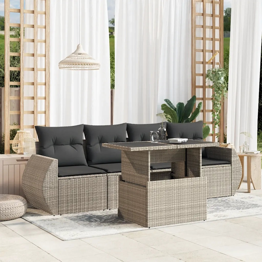Set Divano da Giardino 5pz con Cuscini Grigio Chiaro Polyrattan