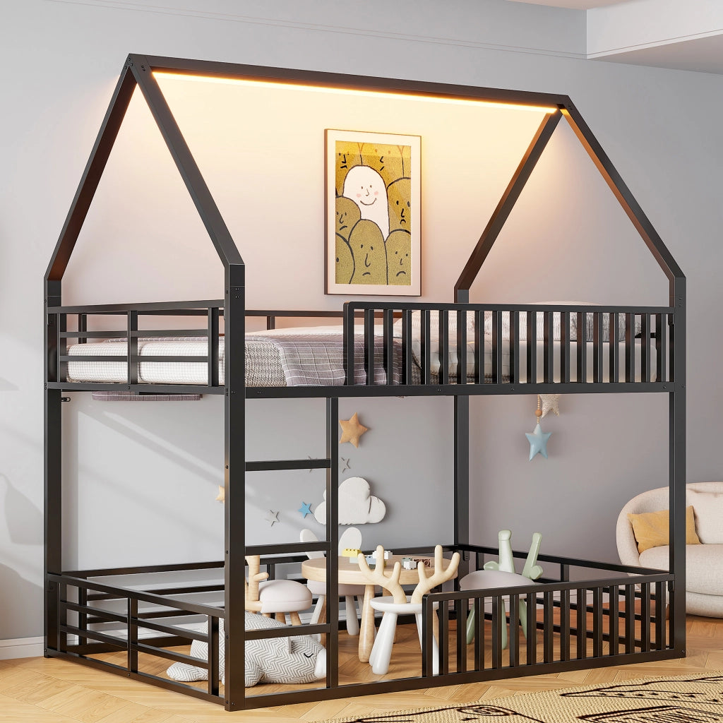 LETTO A CASTELLO 140x200 cm Nero in metallo con LED e 2 pacchi