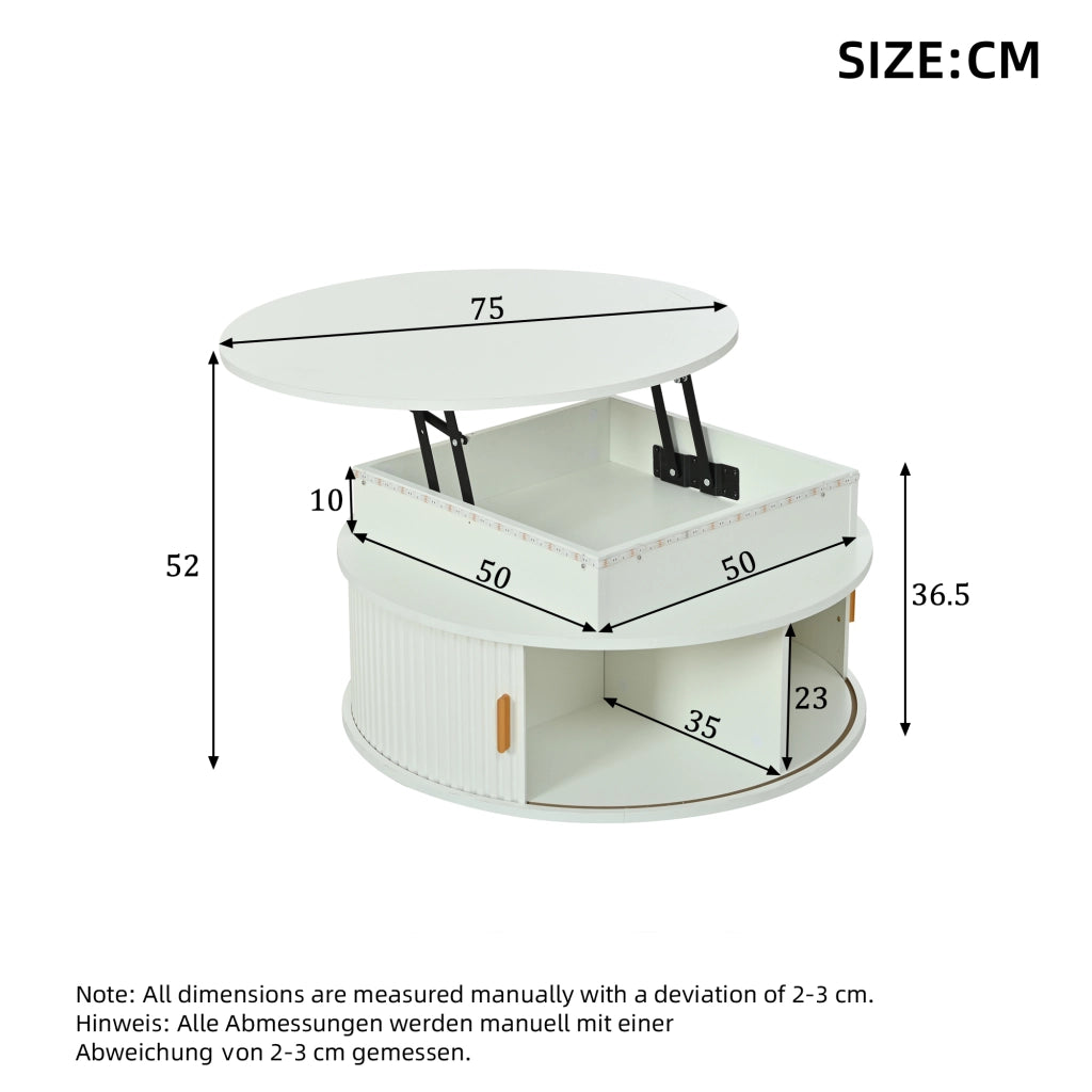 Tavolino da salotto elevabile rotondo con 5 vani e 2 serrande con LED; in MDF bianco lucido; 75×75×52 cm
