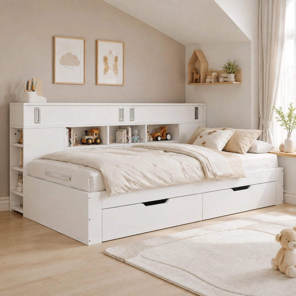 Letto singolo multifunzione 140x200 cm con cassetti, ripiani e armadietti, bianco, senza materasso