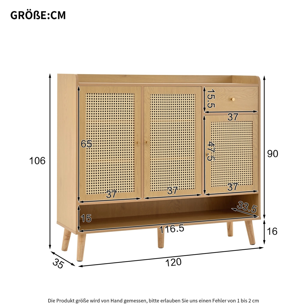 Mobile porta scarpe con 3 ante, 1 cassetto e ripiani, finitura Natural, 120 x 35 x 106 cm