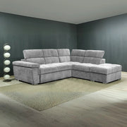 Divano letto angolare reversibile Amalfi con 5 poggiatesta regolabili e pouf in tessuto grigio chiaro