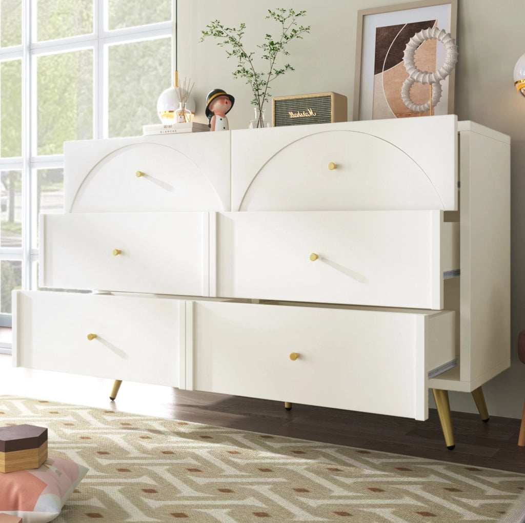 Cassettiera con 6 cassetti frontali curvi 120x40x85 cm; in truciolare e metallo; crema bianco
