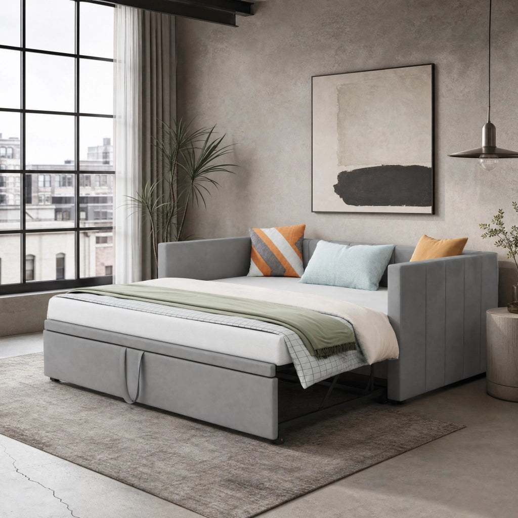 DESMIU Letto estraibile 90 × 200 cm e 180 × 200 cm 1 posto con rete, senza materasso, in velluto grigio