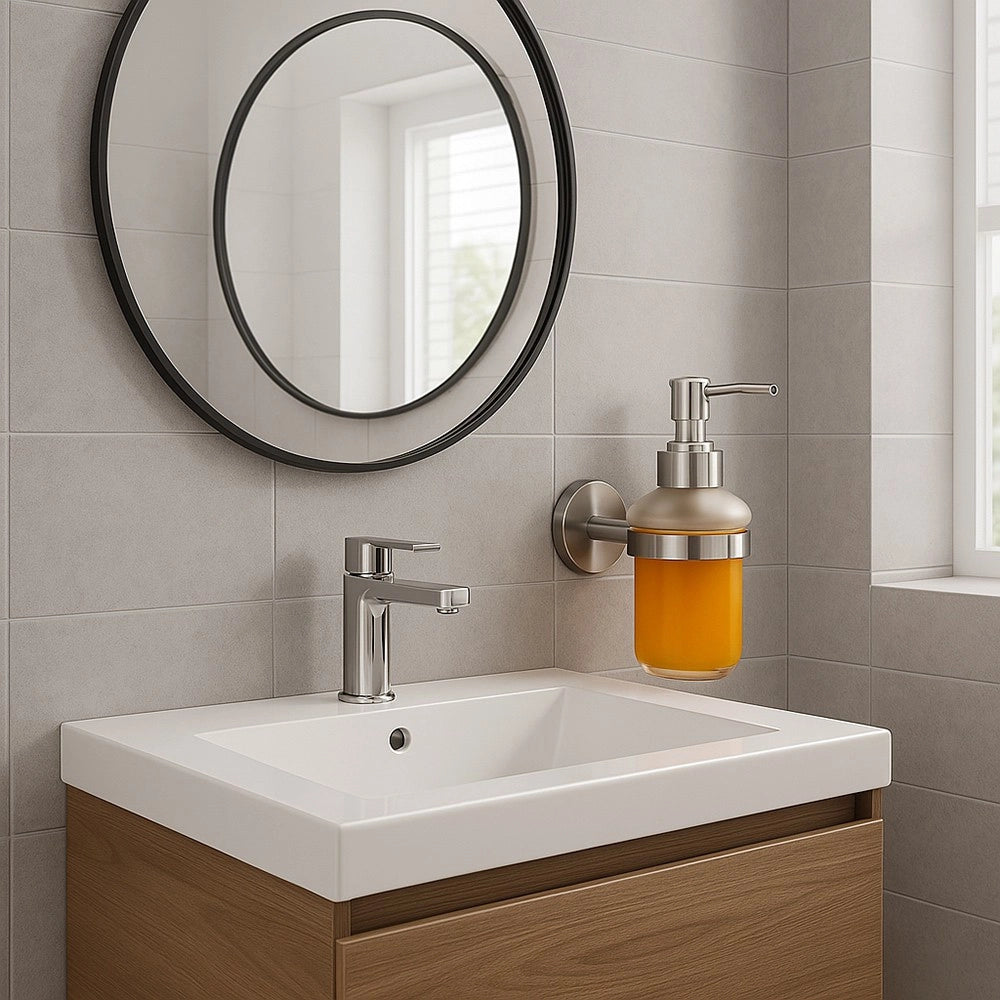 Trade Shop - Dispenser Porta Sapone Per Sapone Liquido In Acciaio Satinato Vetro Accessorio Bagno 87907 -