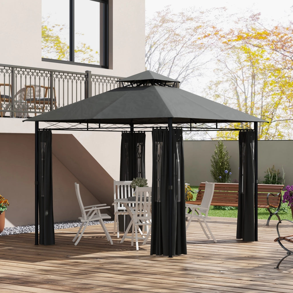 Gazebo da giardino 2,95 x 2,95 m con tetto a doppio strato e tende rimovibili, struttura in metallo, grigio scuro