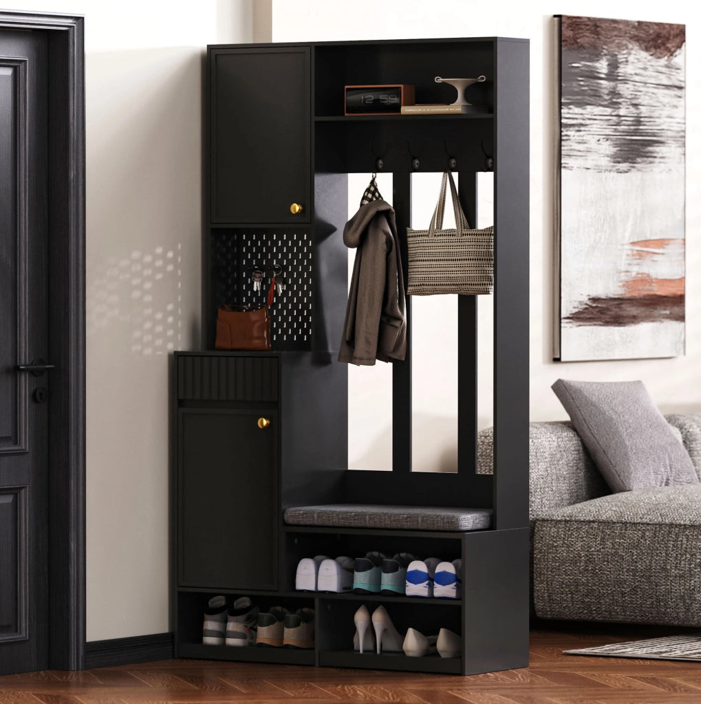 Mobile ingresso multifunzione con panca; 4 ganci; cassetti e pannello forato; 100x180x35 cm; nero