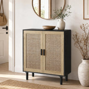Mobile contenitore a due ante con porte magnetiche e maniglie in legno, rattan e MDF, nero 80 × 40 × 88 cm
