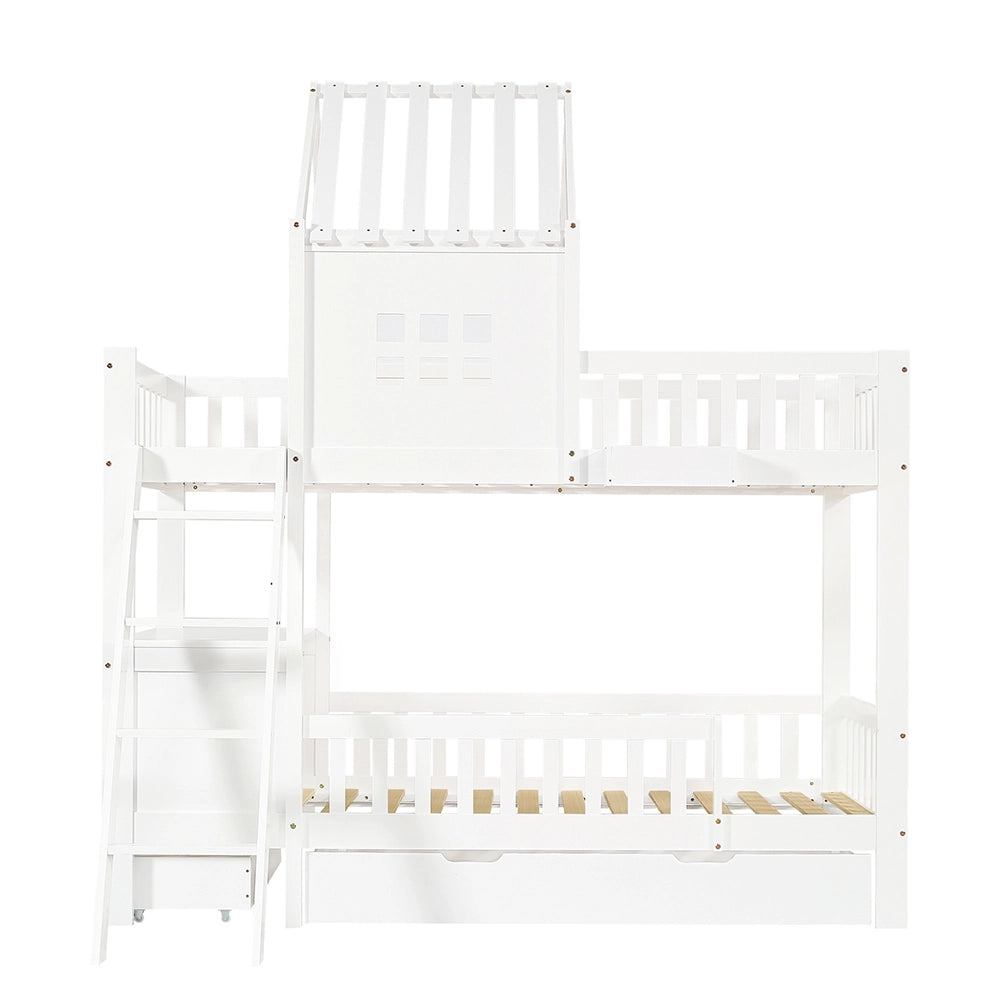 Letto a castello con tetto - Xylo - 90x200cm bianco, tavolo lettura