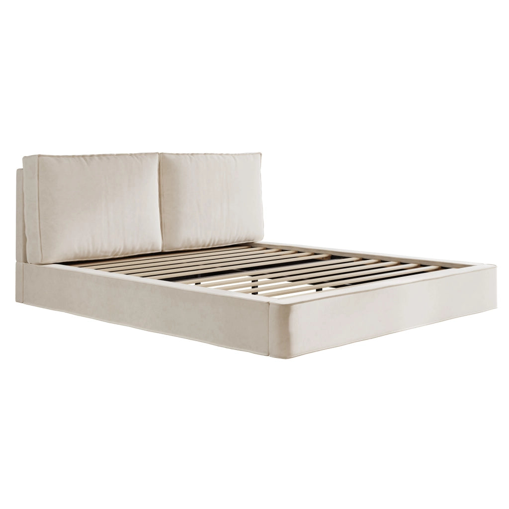 Letto matrimoniale imbottito 180x200 cm con rete a doghe; testiera alta in chenille beige