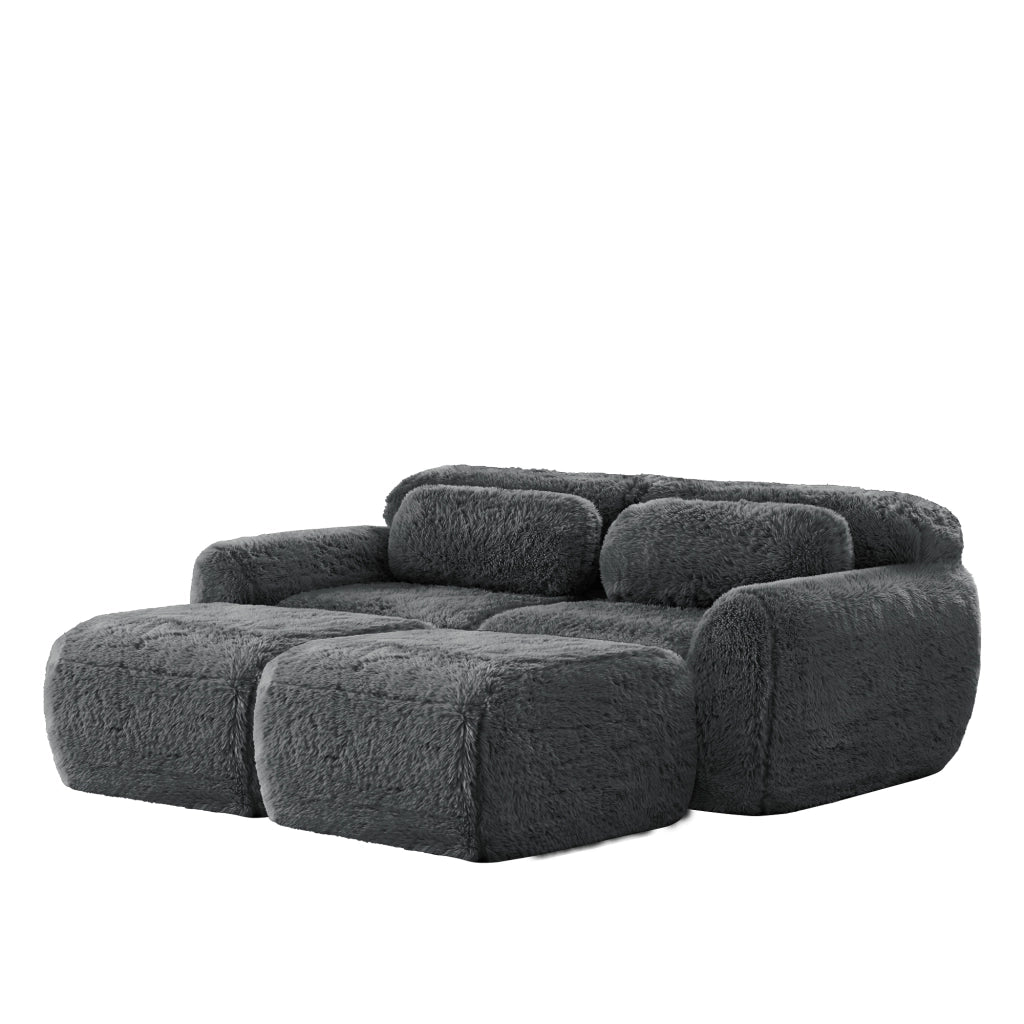 Divano Modulare 2 Posti con 2 Pouf, Convertibile, senza Montaggio, Base Antiscivolo, in Peluche Grigio