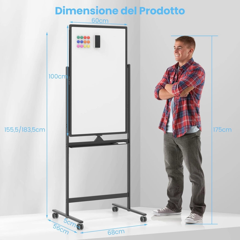 Lavagna Bianca Portatile con Ruote, Lavagna a Secco Reversibile con Pennarelli, Cancellino, Lavagna Bianca Regolabile in Altezza per Scuola, Ufficio, Casa, 68 x 56 x 155,5-183,5 cm (Nero)