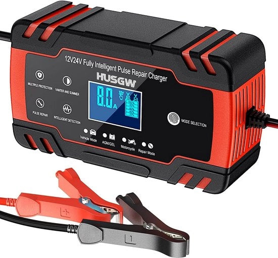 Accu Lader 12V/24V 8A con Display Digitale per Auto, Motocicletta e Camion (8-100AH)