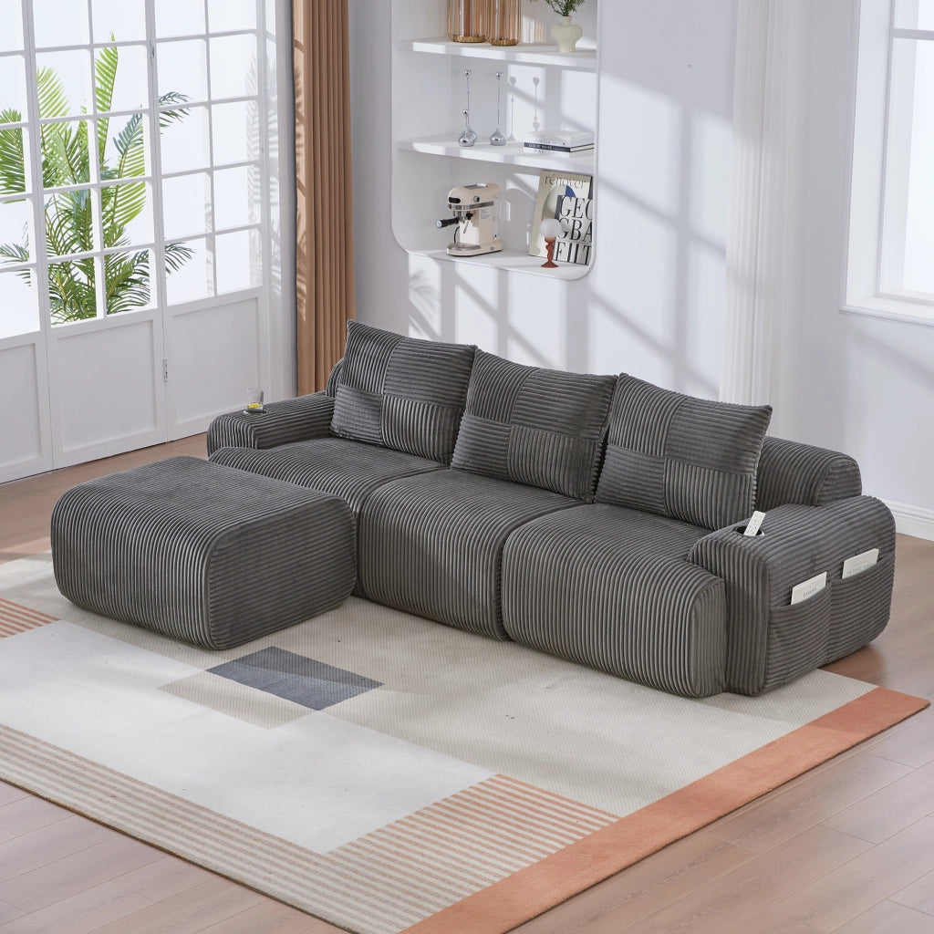 Divano modulare 3 posti in corduroy grigio scuro; 268x174x80 cm